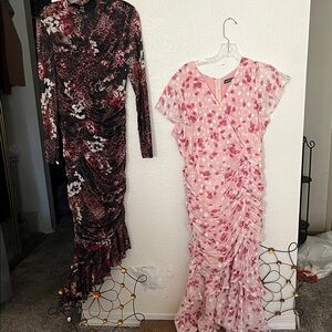 SHEIN Long Sleeve Floral Dresses - Pink and Black